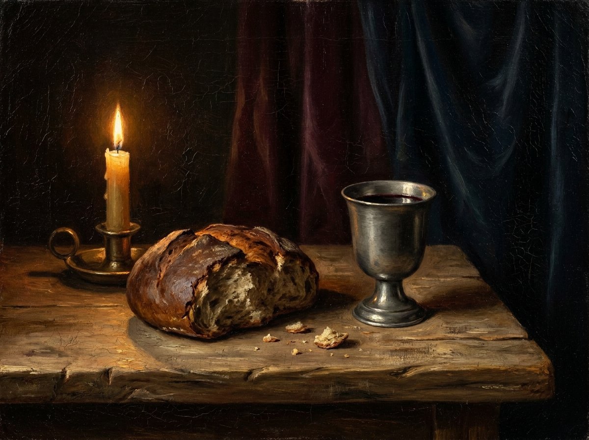 A broken loaf and a pewter cup of wine on a rough wooden table, lit by a single candle