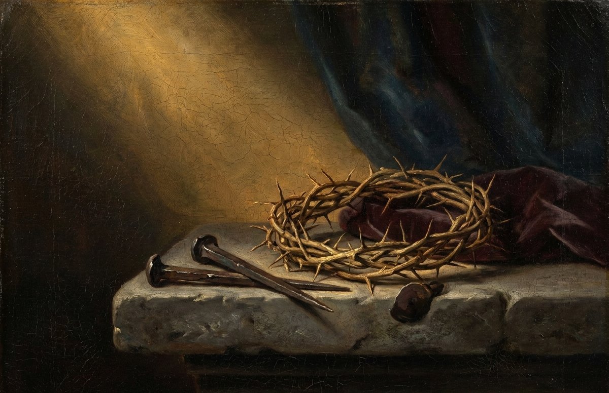 A crown of thorns and iron nails resting on weathered stone in a shaft of golden light