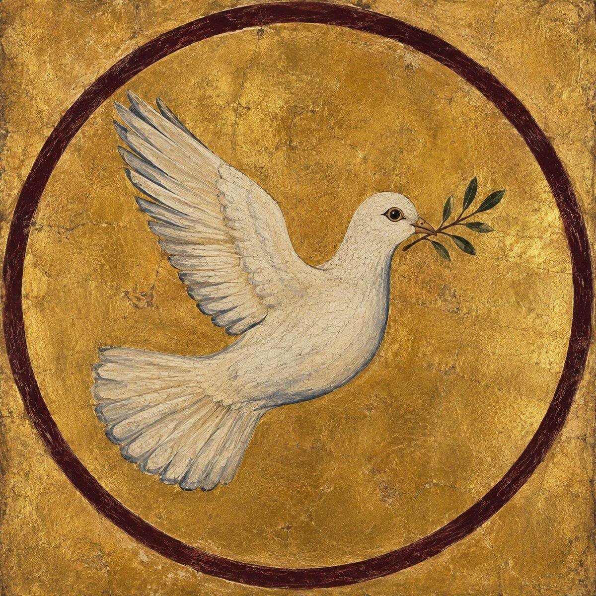A white dove bearing an olive branch on a gold-leaf background with a deep burgundy ring, in Byzantine icon style