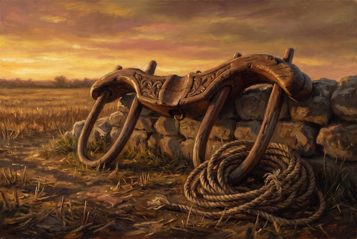 A carved wooden ox-yoke resting against a low stone wall at the edge of a harvested field at golden evening, a coil of rope beside it