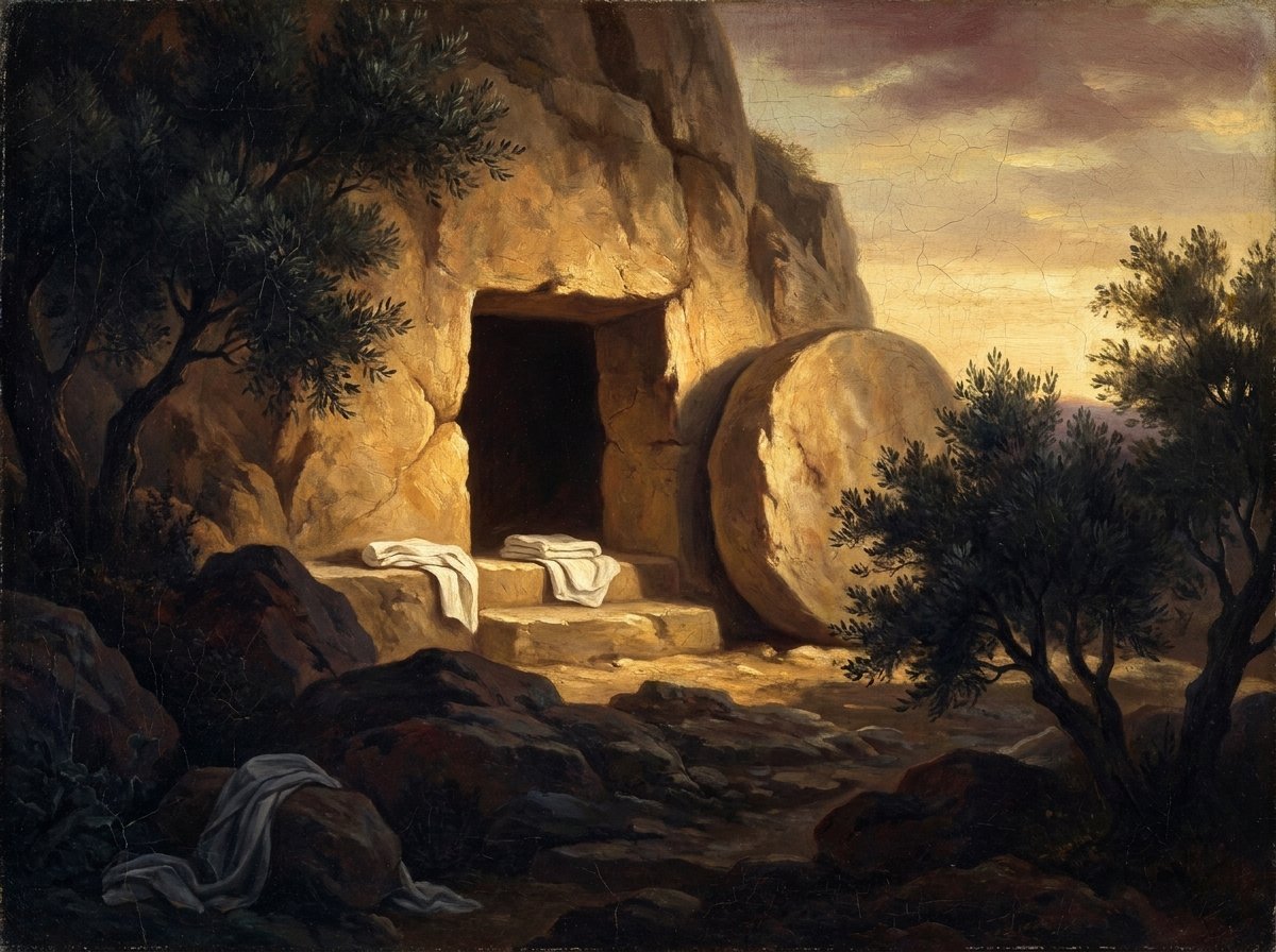 The entrance of an empty rock-hewn tomb at dawn, with the great stone rolled aside