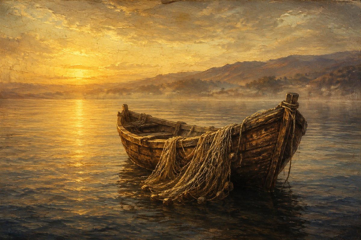 An artist's imagined wooden fishing boat on the Sea of Galilee at dawn, with nets draped over its side