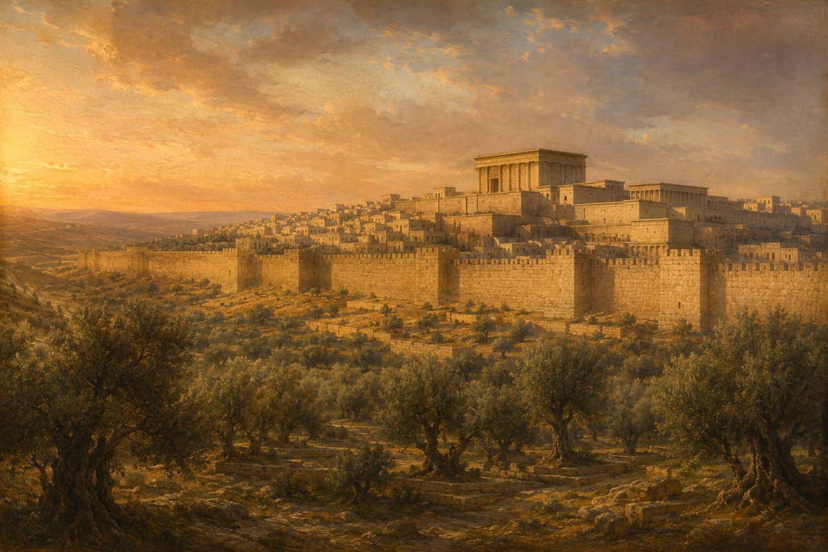 An artist's imagined panorama of first-century Jerusalem, with the Temple above stone walls and olive groves