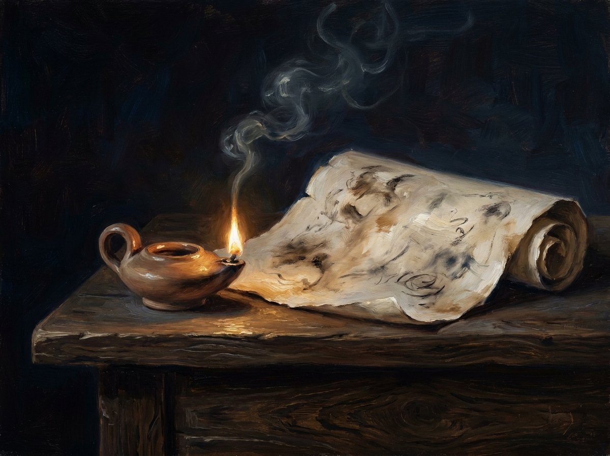 A small clay oil lamp burning beside an open parchment scroll on a dark wooden desk