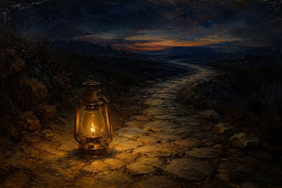 A brass hurricane lantern glowing on a stone path that winds into the dusk