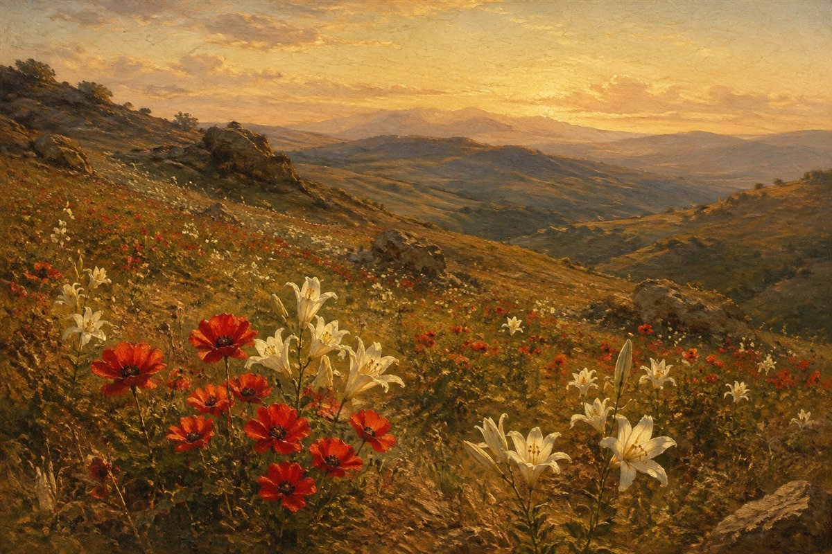 Wild red and white flowers scattered across sunlit hillsides