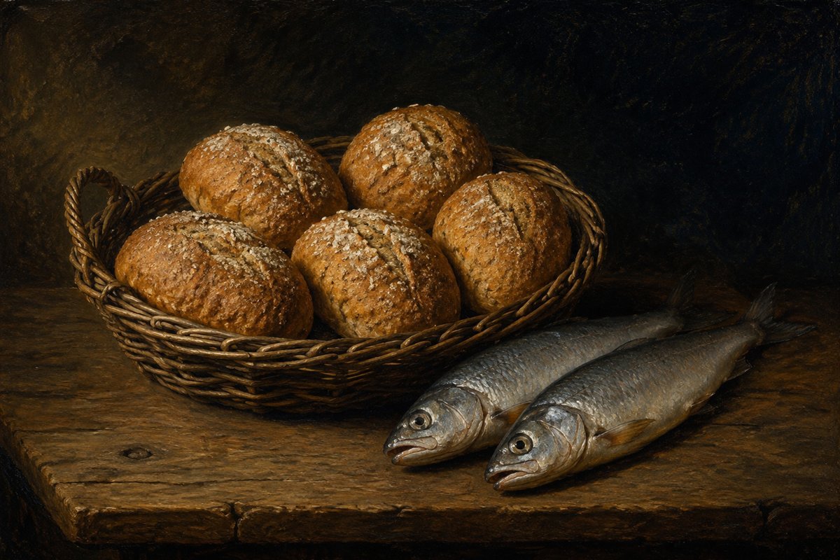 Five rustic loaves in a woven basket beside two fish on rough wood, lit warmly against a dark background