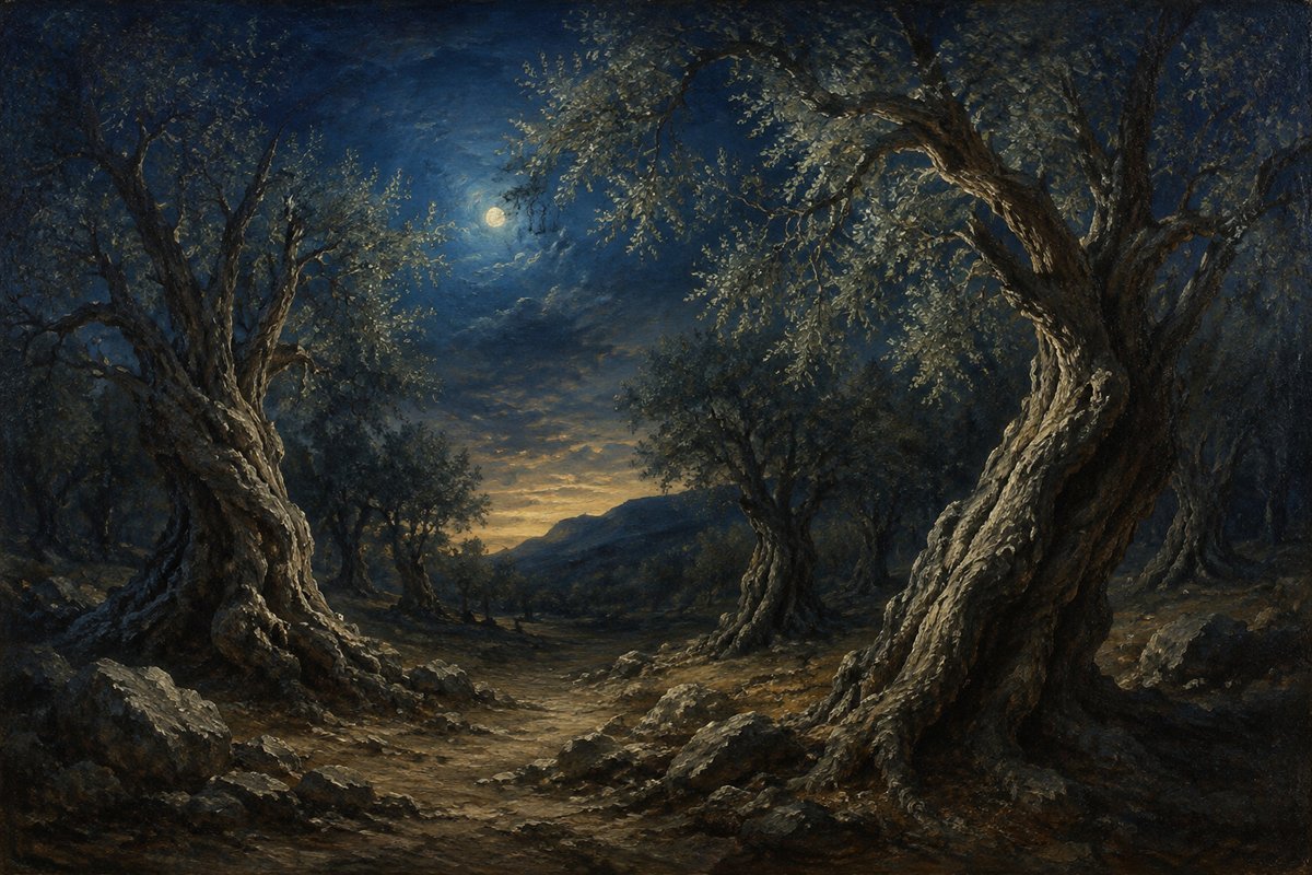A moonlit illustration of gnarled olive trees framing a quiet path