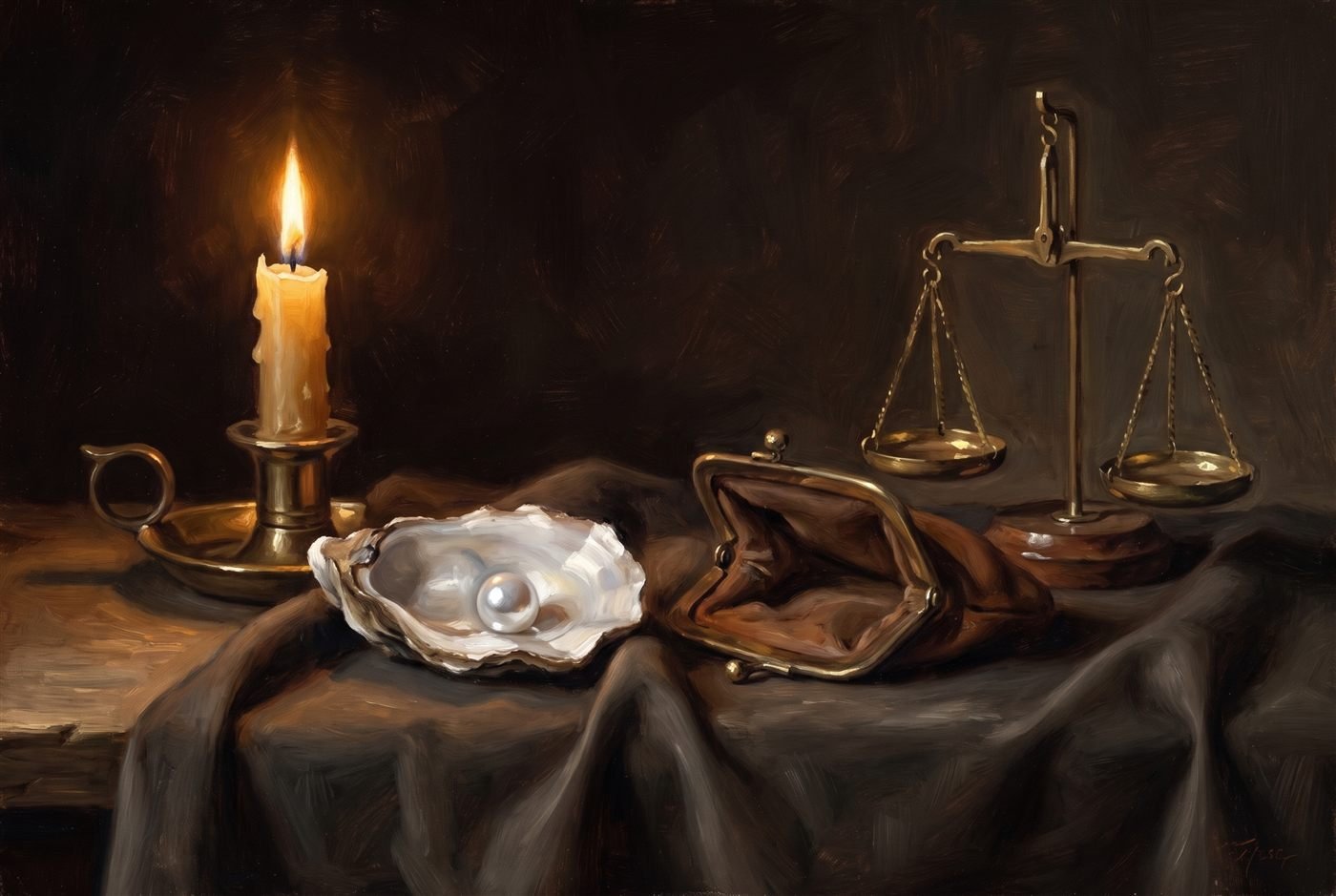 A single luminous pearl in an opened oyster shell on a dark cloth, beside an emptied leather purse and a small brass balance, lit by one candle