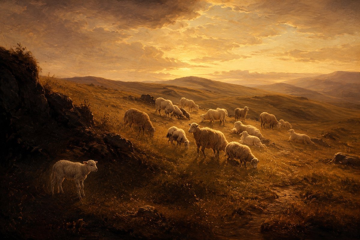 A flock of sheep grazing golden evening hills, one small lamb standing apart in the shadows
