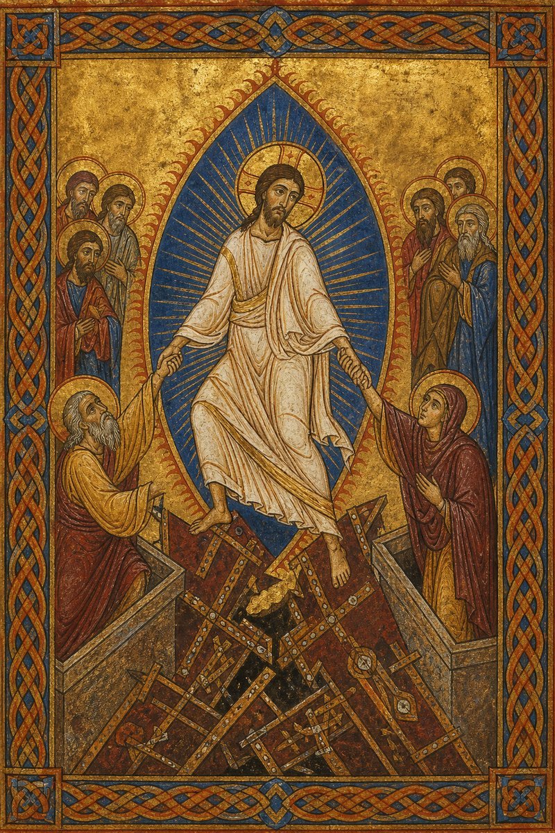 The risen Christ strides over broken gates and raises Adam and Eve by the wrists as prophets watch