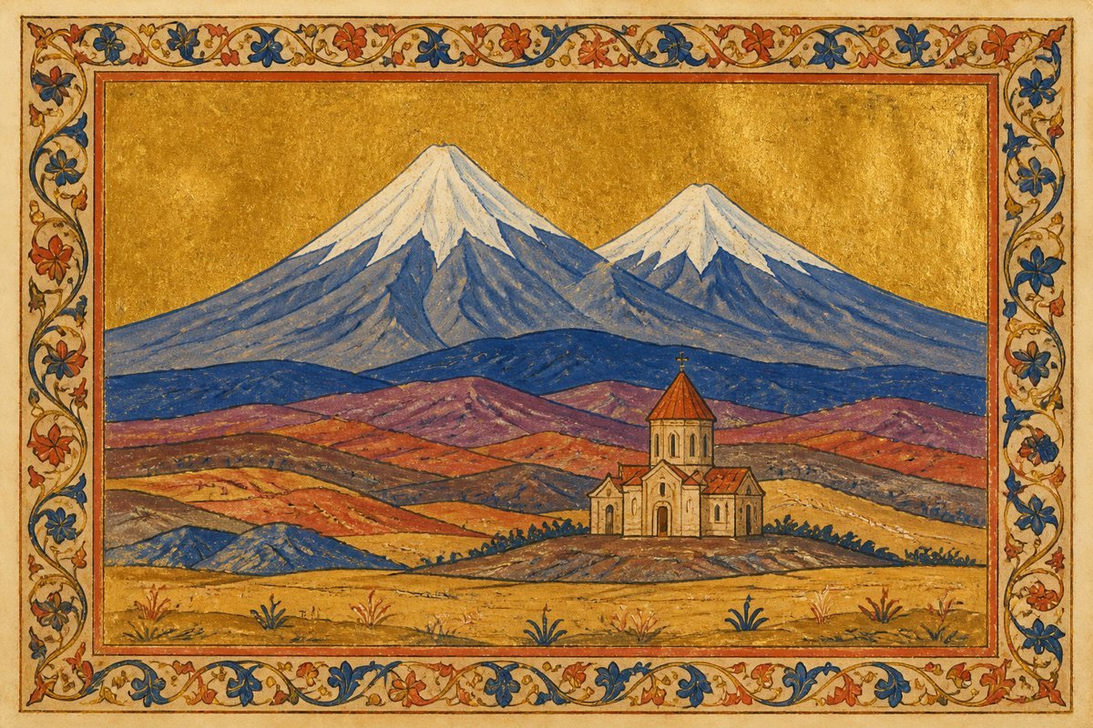 Mount Ararat's two snowy peaks rise above layered hills and a small domed Armenian church