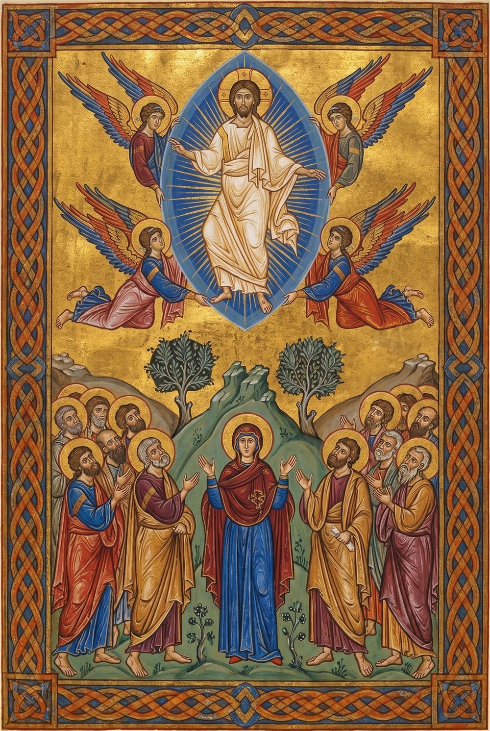 Christ within a blue-and-gold mandorla carried upward by four angels, while Mary and the apostles stand on a green hill below with hands raised
