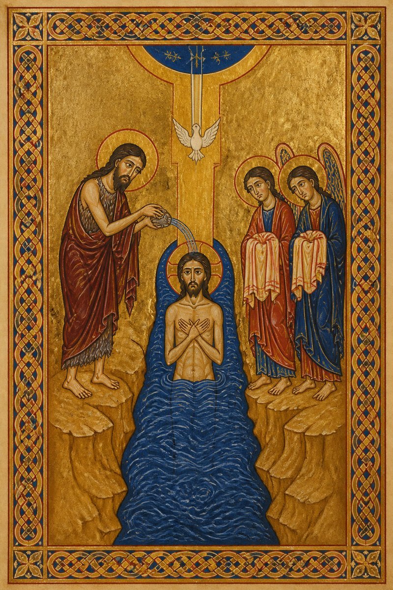 Christ stands in the Jordan as John pours water, a dove descends, and two angels wait with cloths