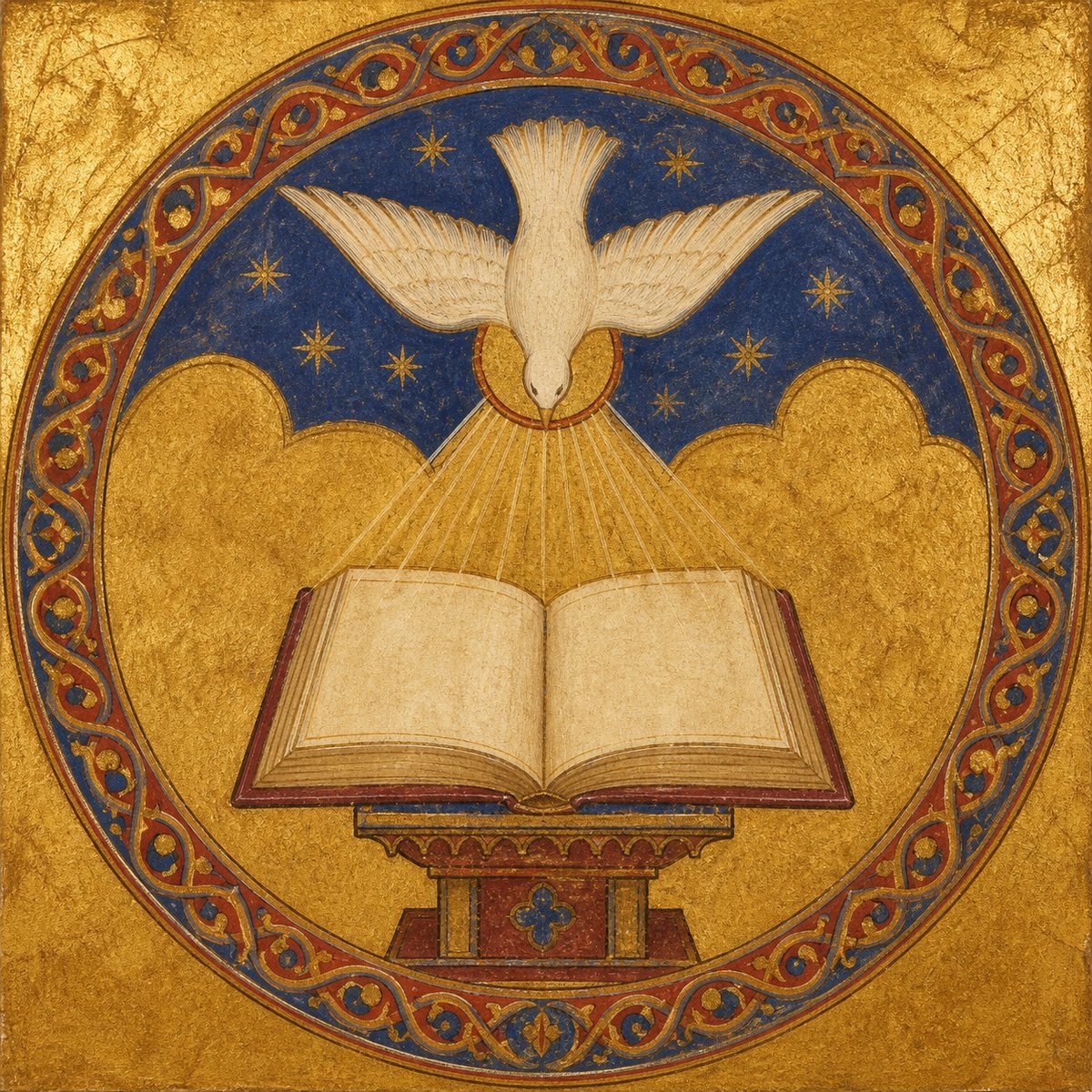 A white dove descends in golden rays over an open book within a circular Armenian interlace frame