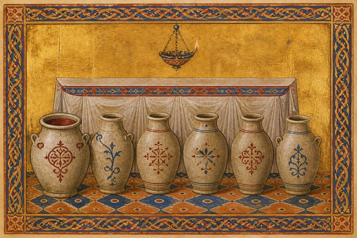 Six stone water jars stand on a patterned floor, the nearest filled with deep burgundy wine