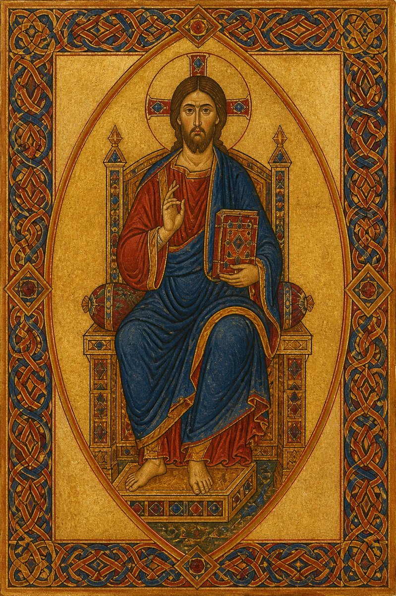Christ enthroned within a golden mandorla, blessing with his right hand and holding a closed jeweled Gospel book