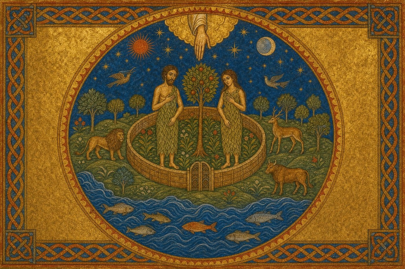 A circular cosmos on gold: sun, moon and stars above green hills with a lion, a deer and an ox, fish in blue water, Adam and Eve beside a fruit tree in a walled garden, and the Hand of God reaching down from a cloud