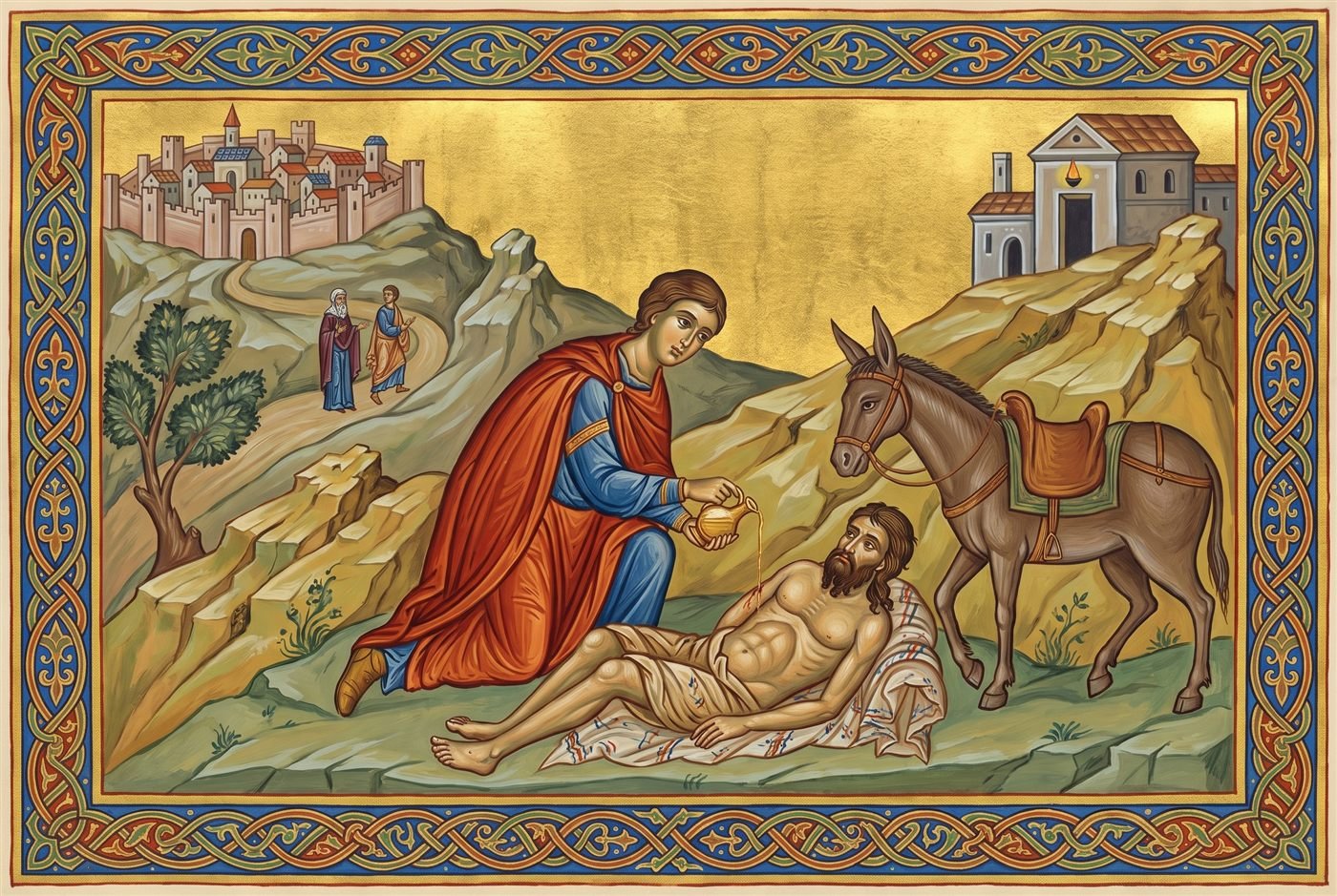On a rocky road between stylised hills, a traveller in a vermillion cloak kneels to pour oil on the wounds of a man lying on the ground, a donkey waiting beside them, two small figures walking away up the road and an inn on the hill beyond