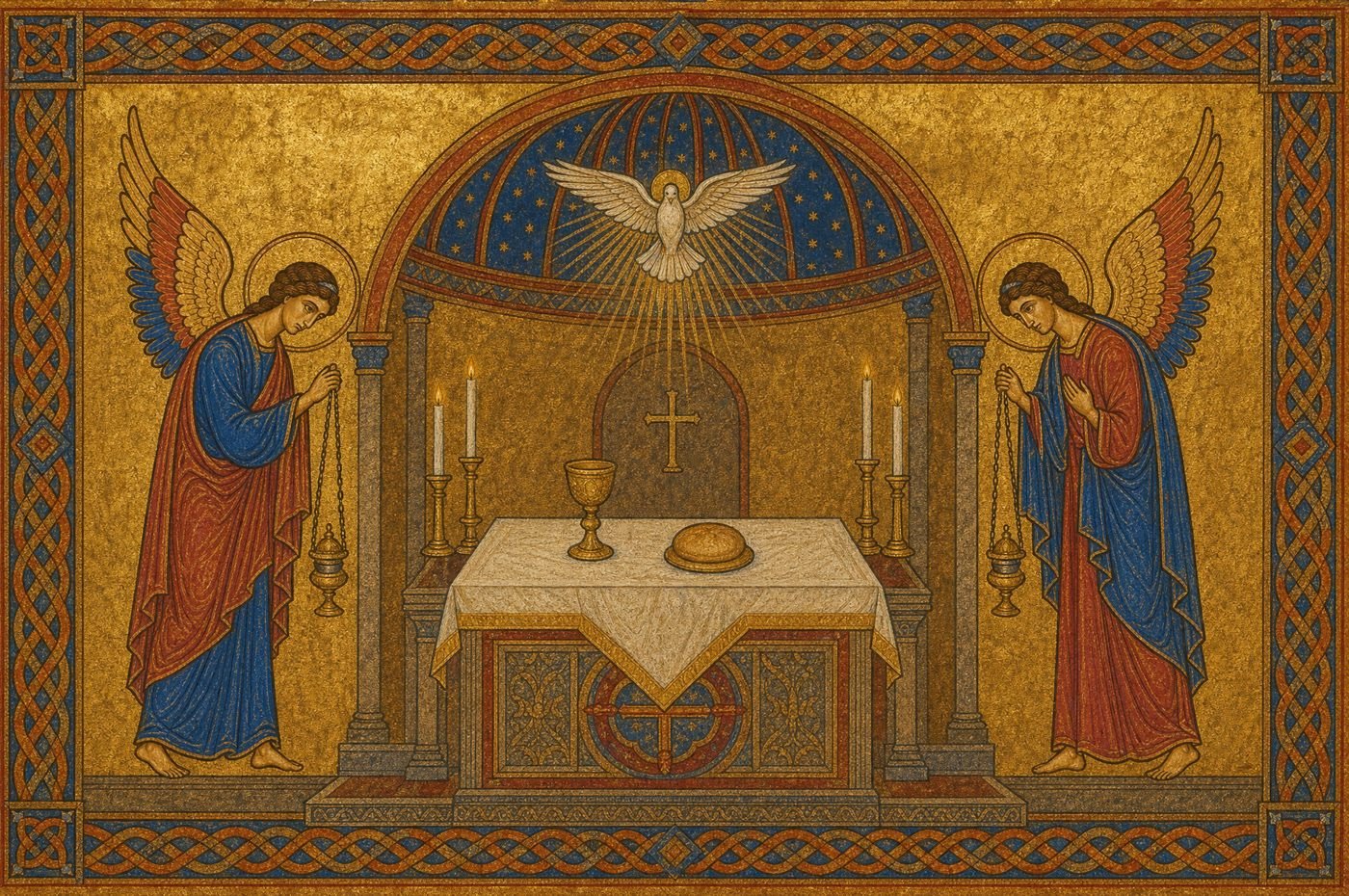 An altar covered with a white cloth bearing a golden chalice and a round loaf, a white dove descending in gold rays beneath a starry dome, and two angels with censers bowing at either side