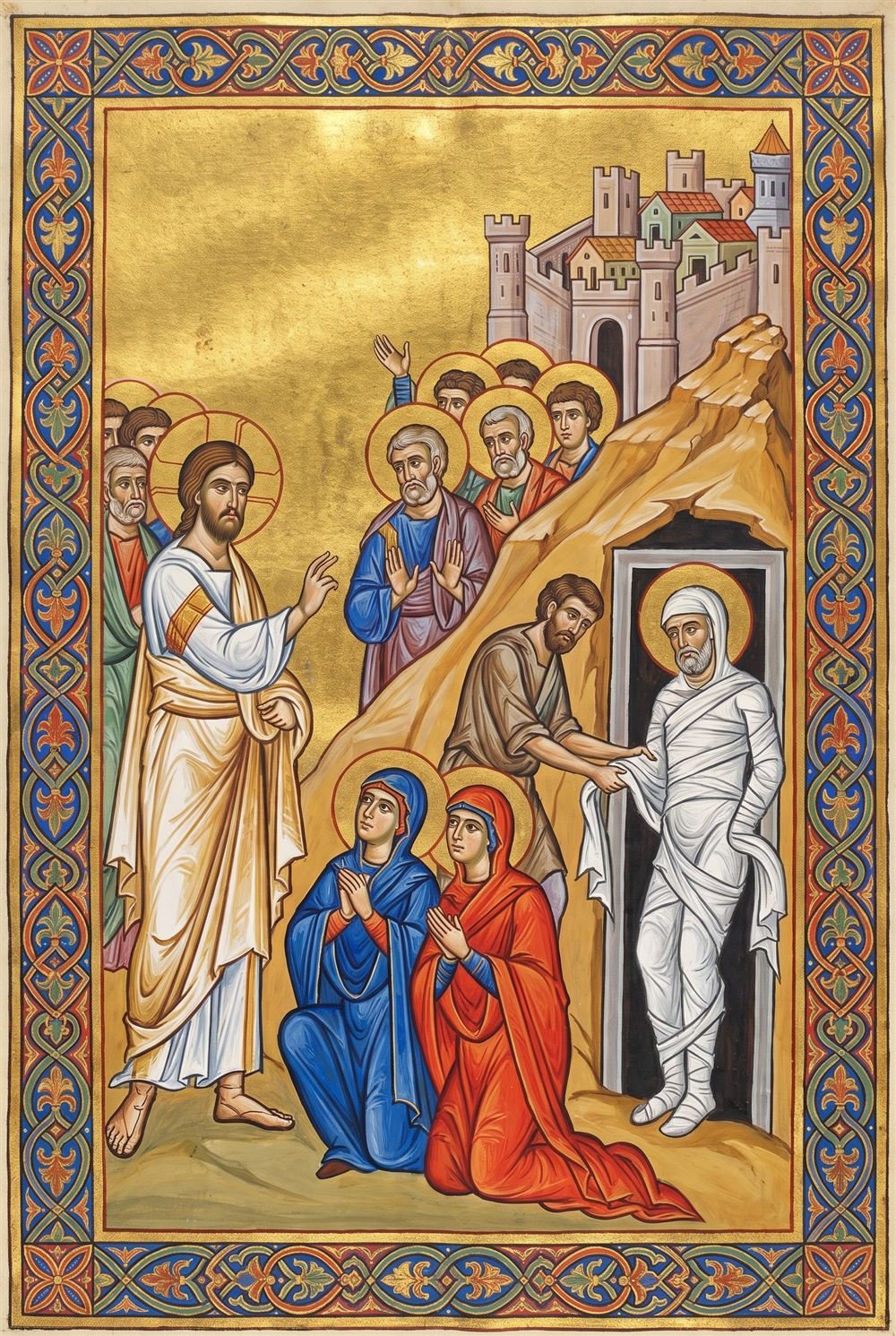 Christ at the left with his hand raised in command, Lazarus stepping from a rock-cut tomb wrapped in white grave-cloths as a man unwinds them, Martha and Mary kneeling in blue and red, and a crowd beneath a walled city