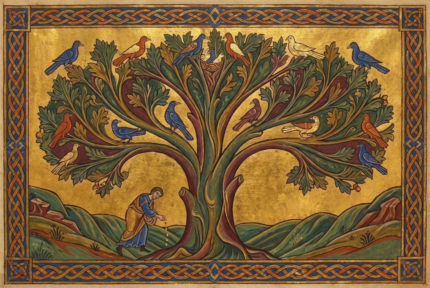 A great spreading tree on a gold ground with many small birds in its branches, and a tiny sower bending to plant a seed at its root