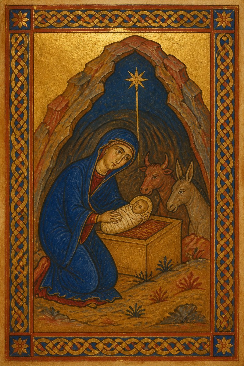 Mary in deep lapis bows over the swaddled infant in a manger as an ox and donkey watch beneath a golden star