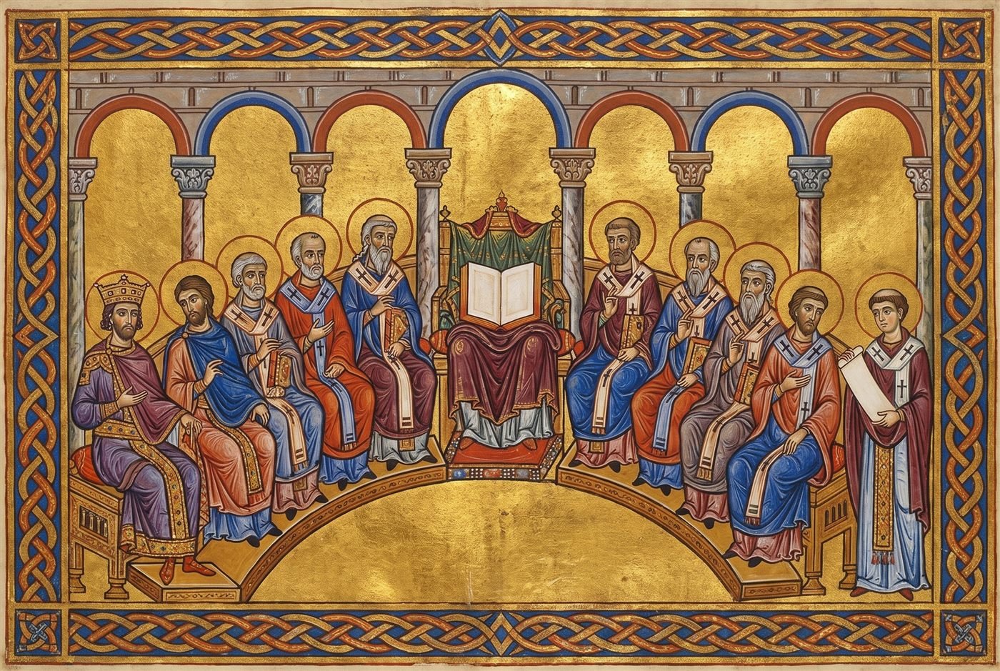 Bishops in lapis, vermillion and burgundy vestments seated in a semicircle beneath a row of arches, an open Gospel book displayed on a draped throne at the centre, a crowned emperor seated at the left and a young cleric holding a scroll at the right
