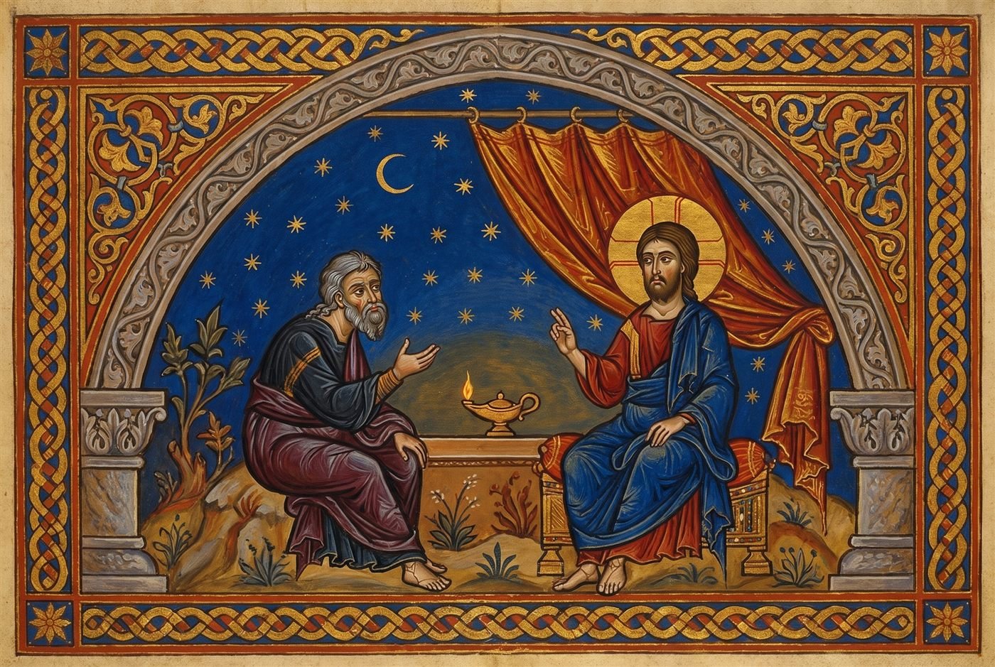 Two figures seated beneath an arch at night — an elderly teacher leaning forward and Christ with a hand raised in teaching — with an oil lamp burning on a stand between them and a starry sky behind