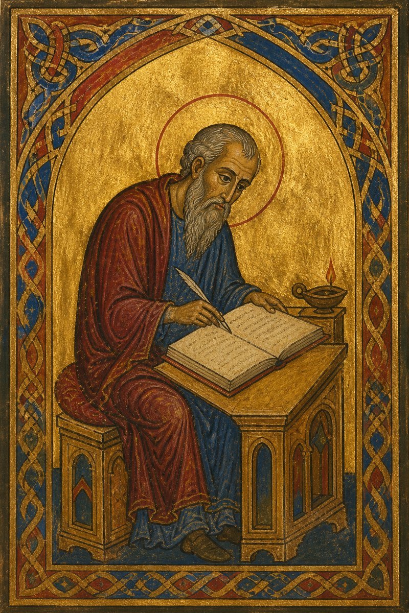 An elderly haloed scribe bends over an open codex with a quill and oil lamp beneath a gold-leaf arch