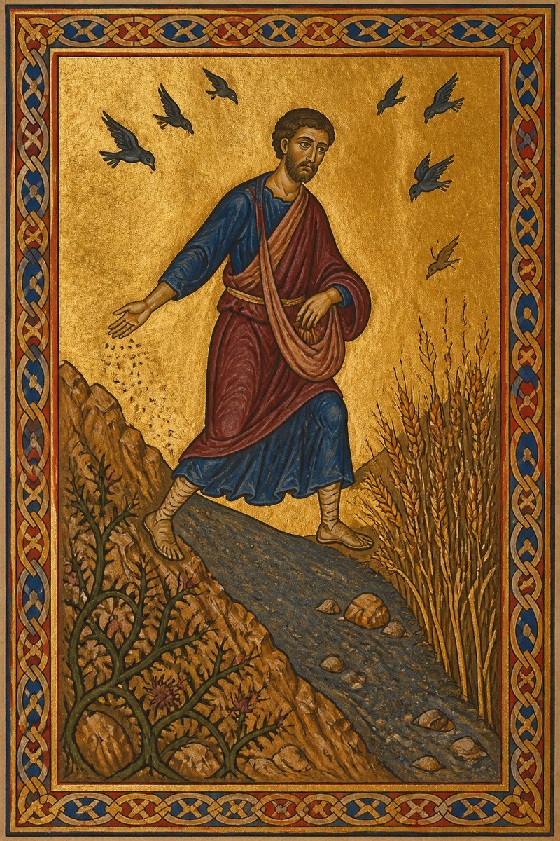 A robed farmer broadcasts seed across a stylized hillside between thorns and grain as birds circle above