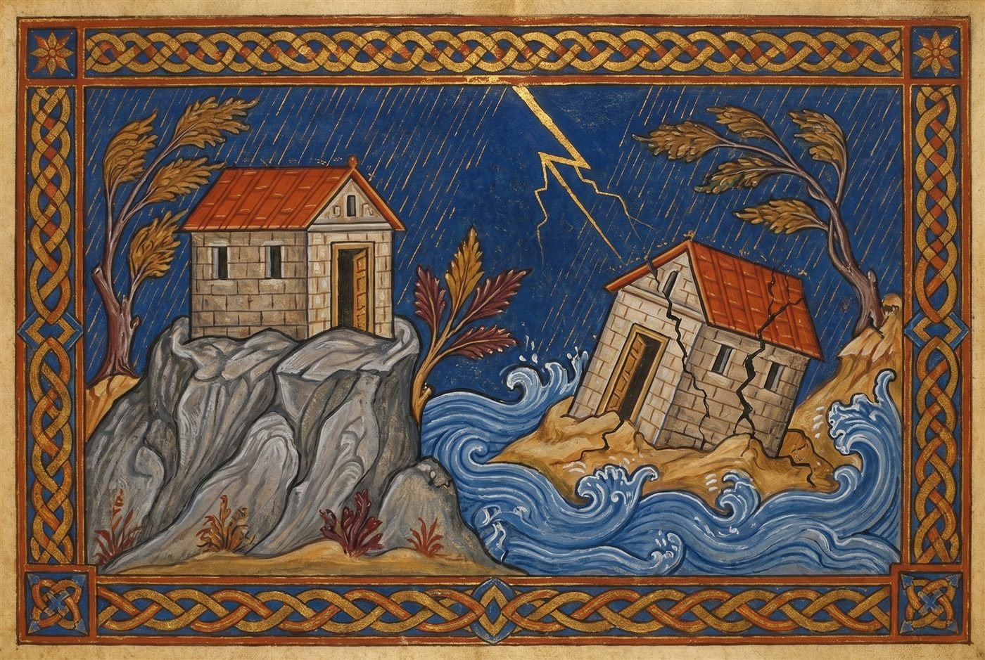 Two small stone houses in a storm — one standing firm on grey rock, the other cracking and tilting as blue flood-water rises around it — under gold rain and a stroke of lightning