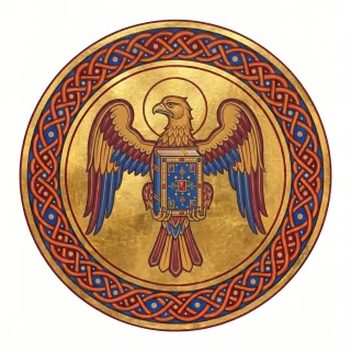 An eagle with a halo holding a Gospel book, the traditional symbol of John