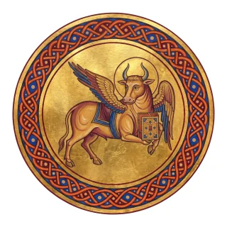 A winged ox with a halo holding a Gospel book, the traditional symbol of Luke