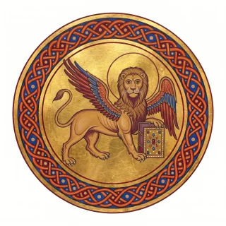 A winged lion with a halo holding a Gospel book, the traditional symbol of Mark
