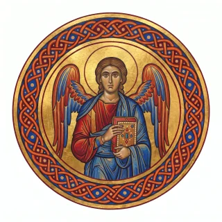 A winged man with a halo holding a Gospel book, the traditional symbol of Matthew