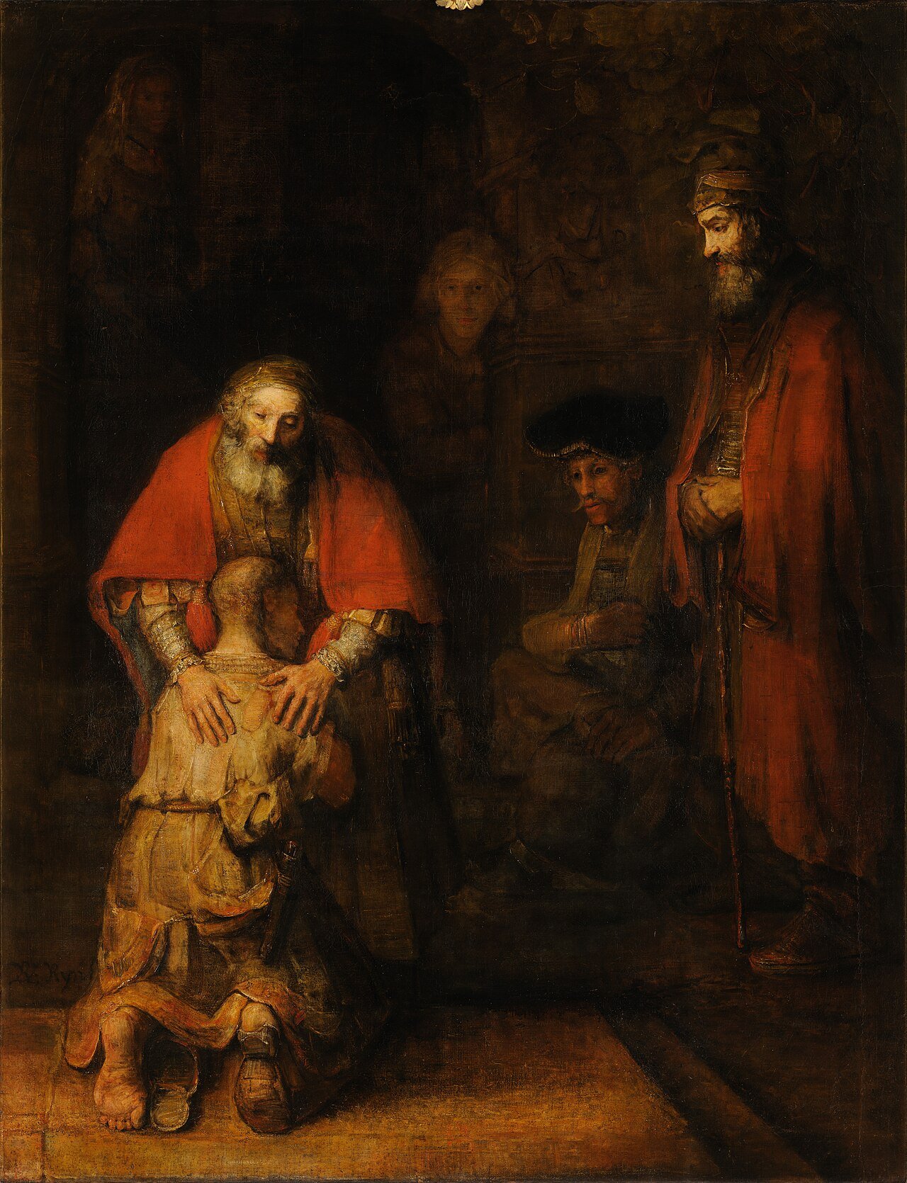 A ragged son kneels into his father's embrace while onlookers watch from the shadows — Rembrandt's Return of the Prodigal Son