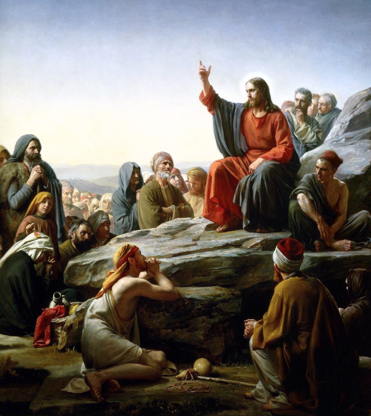Jesus seated on a rocky hillside, teaching a gathered crowd — Carl Bloch's Sermon on the Mount