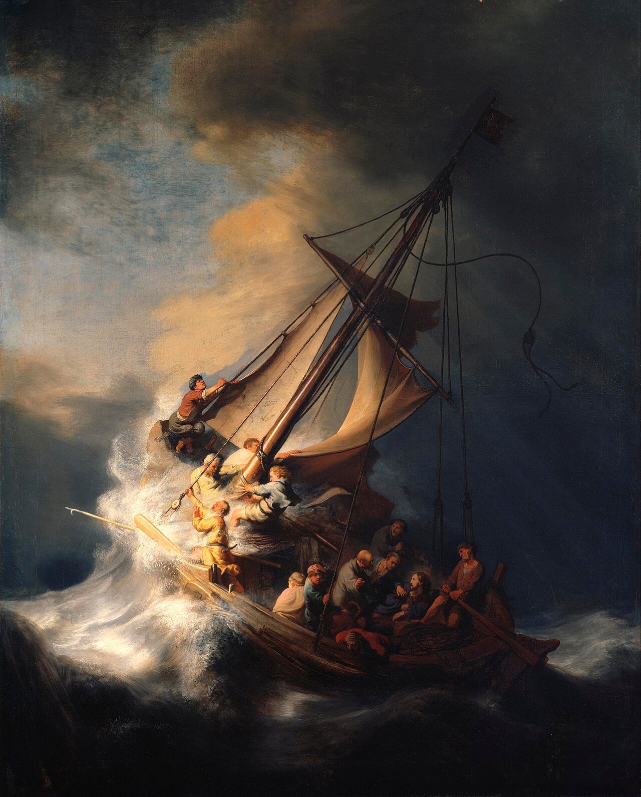 A small boat pitched on violent waves, disciples straining at the rigging while Jesus rests calm at the stern — Rembrandt's Christ in the Storm on the Sea of Galilee